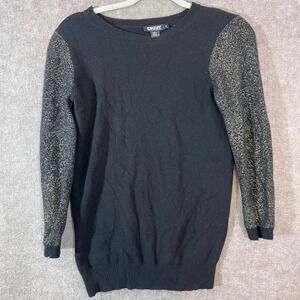DKNY Sweater Womens Petite P Black Gold Metallic Sleeve Wool Silk Cashmere Glam